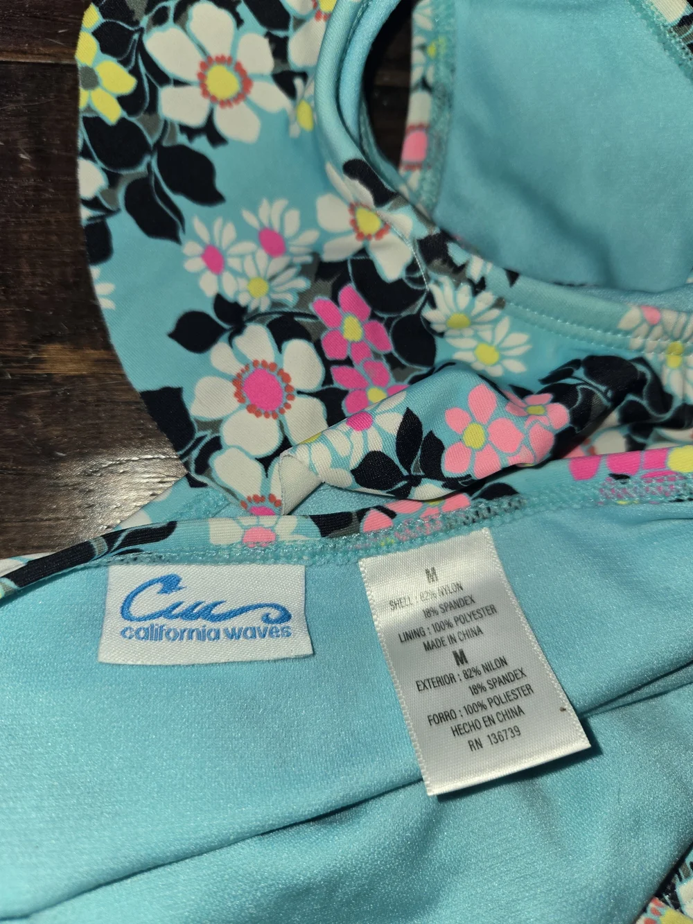 California Waves Aqua Floral High-Neck Ruffle Two-Piece Women's Swim Set, sz L/M